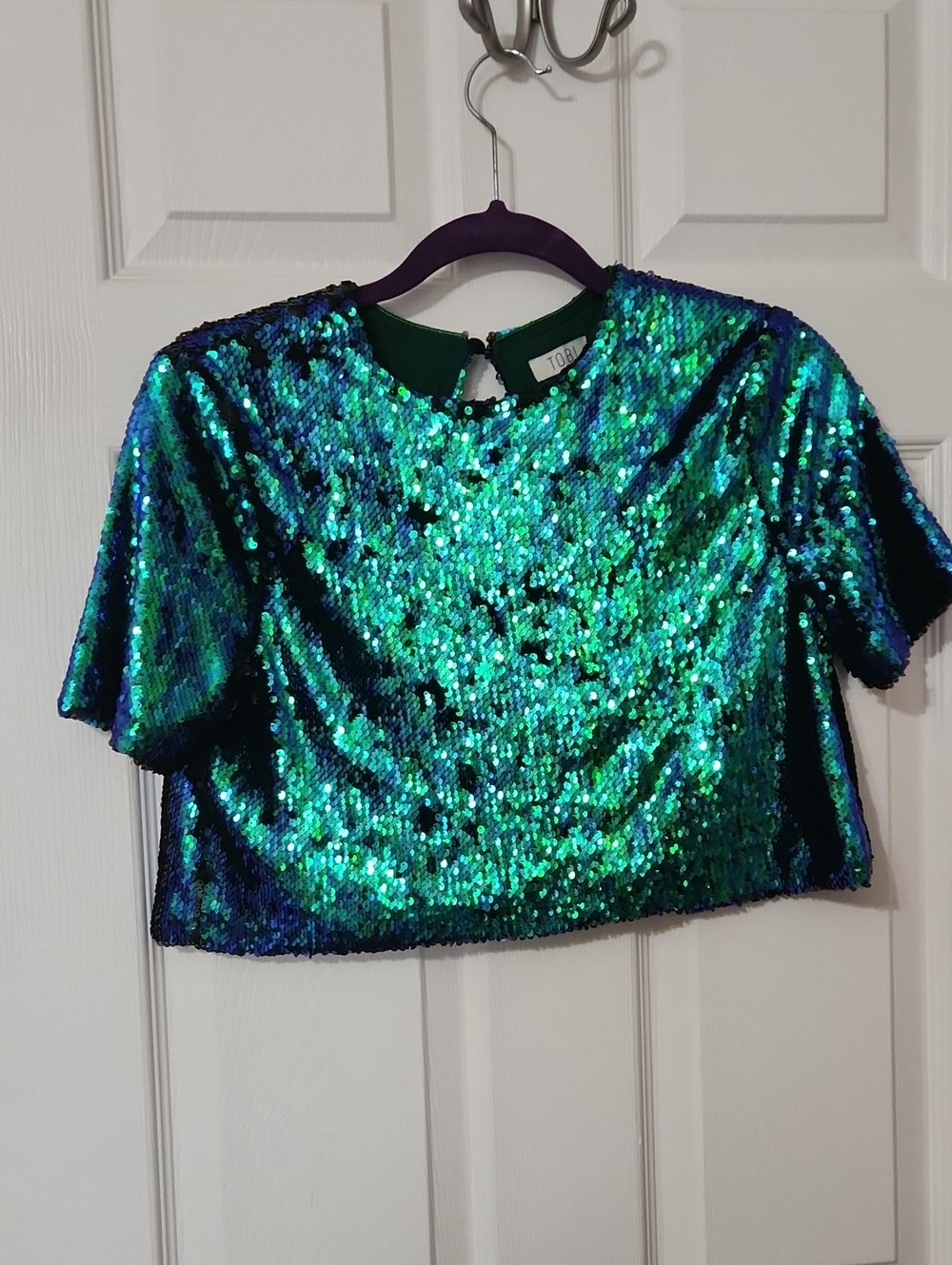 Tobi Iridescent Blue-Green Sequin Crop Top